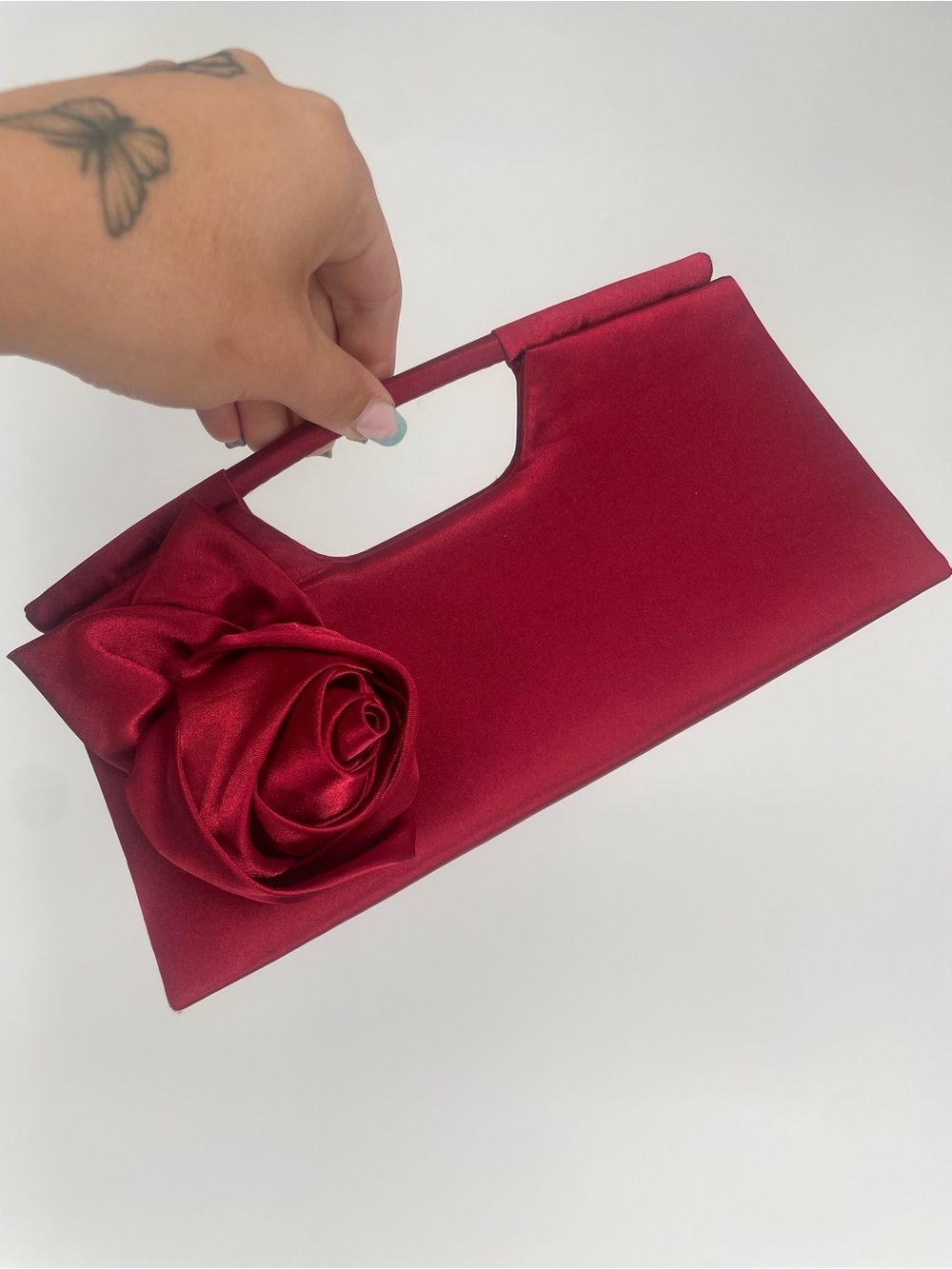 Y2K Red Satin Rosette Small Evening Bag Clutch Snap Close Formal Handbag